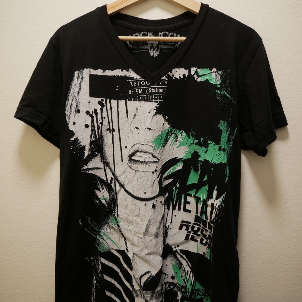 ROCK ICON LOS ANGELES METAL HOT FASHION V NECK PRIMA COTTON MEDIUM BLACK T SHIRT